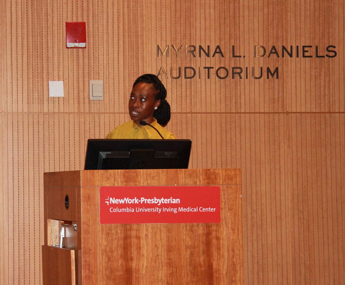Ukachi Emeruwa, MD, MPH, PGY-7 maternal-fetal medicine fellow, presents her research project “Lasix for the prevention of de novo postpartum hypertension: A randomized placebo-controlled trial (LAPP Trial)” at the Sloane Academic Assembly, held on June 23, 2022.