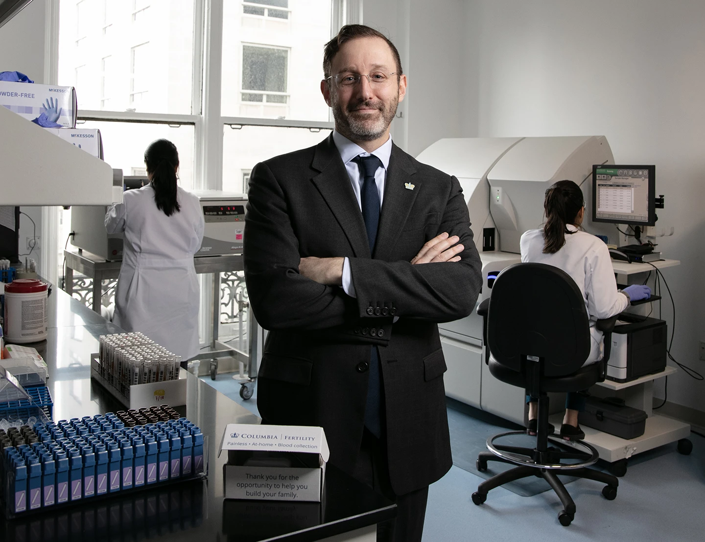 Zev Williams, MD, PhD, Director of the Columbia University Fertility Center, in the fertility research laboratory with colleagues